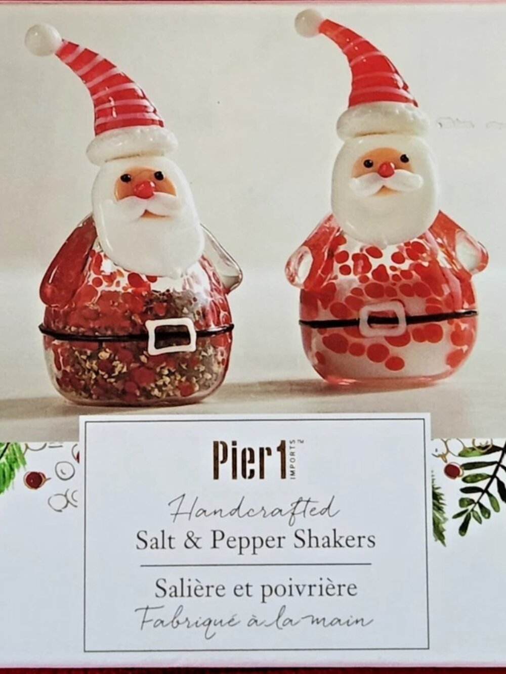 Pier 1 Imports Hand Blown Glass Santa Claus Christmas Salt/Pepper Shakers NIB